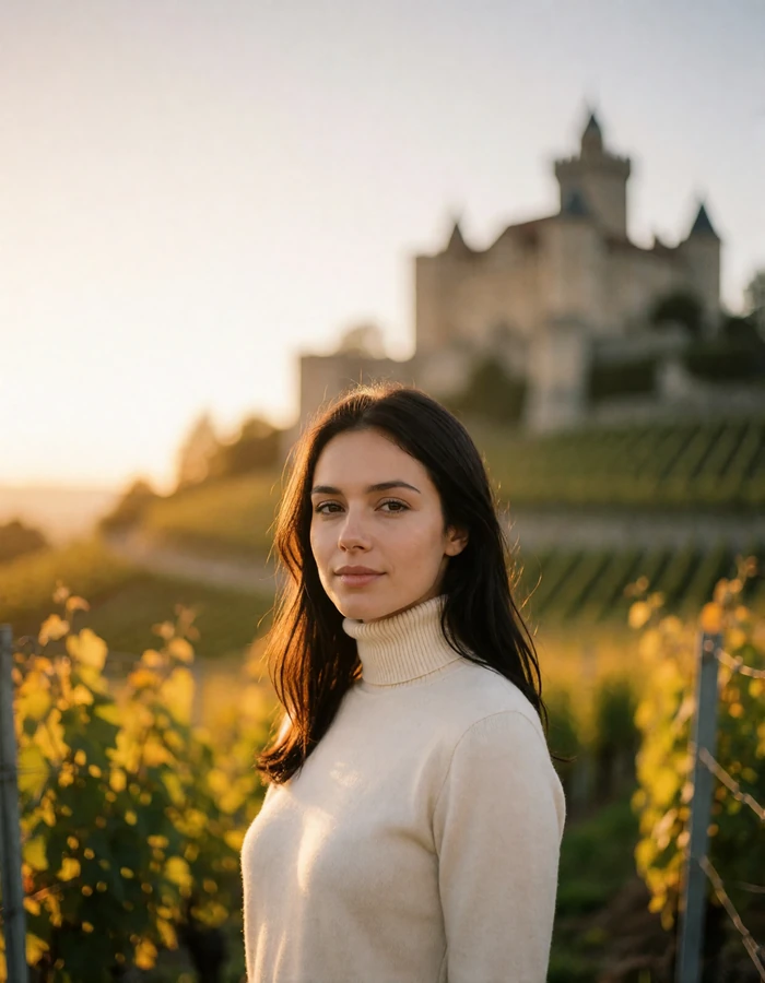 Woman with dark brown hair in a cream turtleneck near vineyard terraces below Vaduz Castle