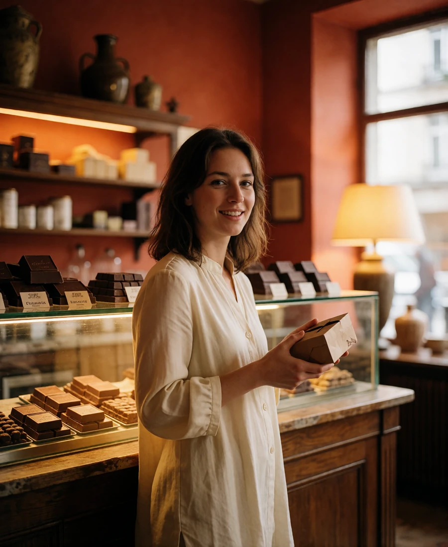 Belgian woman in a cream blouse smiling inside an artisan chocolate shop with warm wooden counters