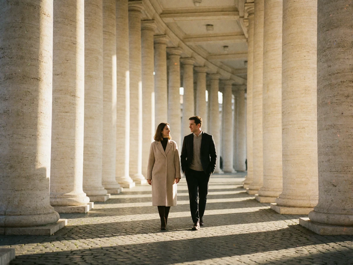Couple walking side by side beneath a long travertine colonnade in Rome