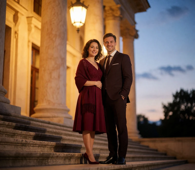 Couple standing on the steps of a grand Austrian concert hall at dusk, dressed for an evening performance