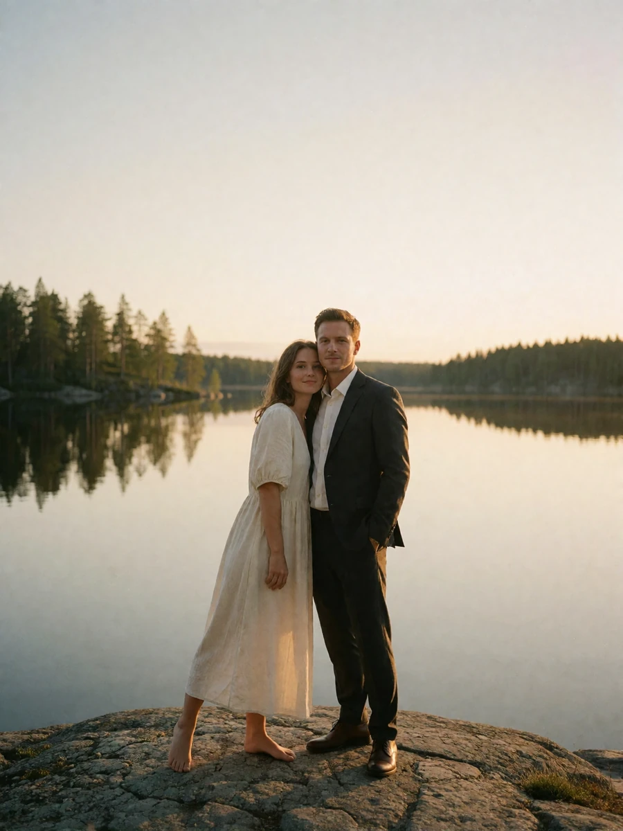 Couple standing together on granite rock at a Finnish lakeshore at midnight sun during their wedding