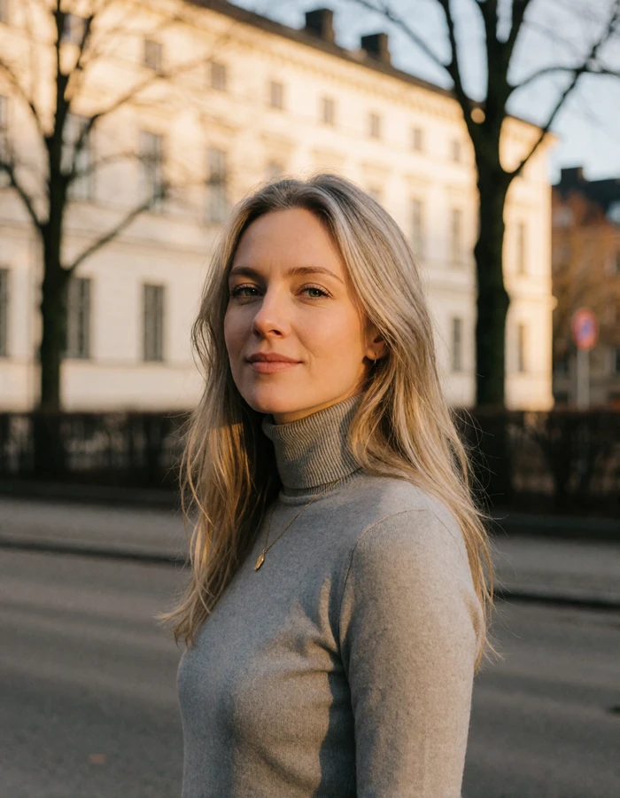 Norwegian woman in a grey turtleneck standing on a quiet Oslo street at golden hour