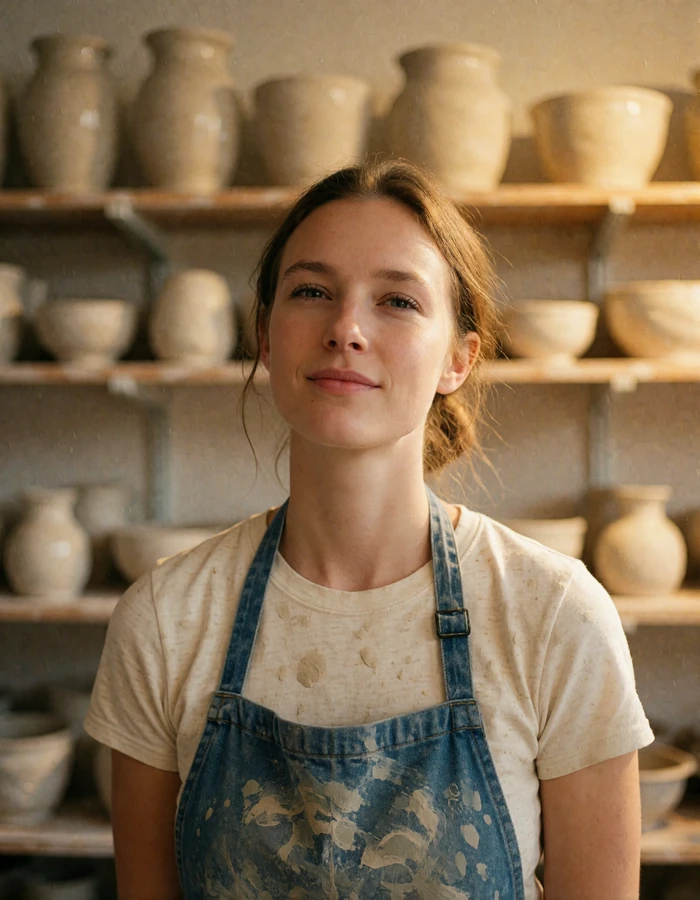 Danish woman with hair in a low bun smiling in a small ceramics studio surrounded by unglazed pottery