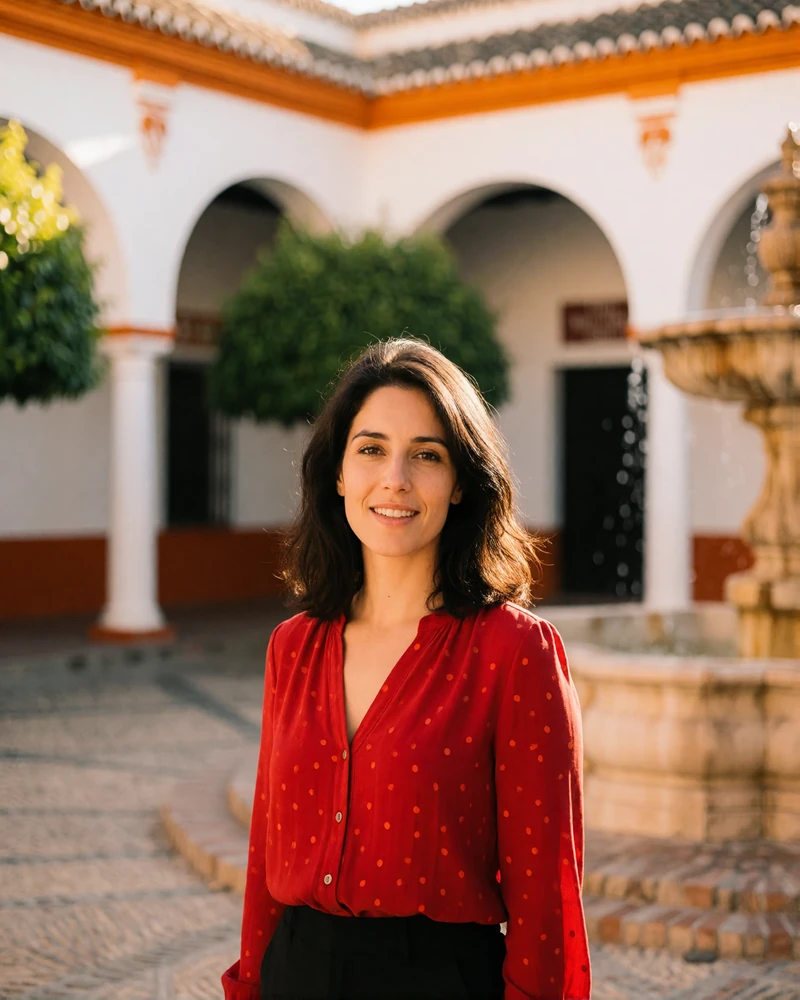 Spanish woman smiling in a sunlit Andalusian plaza