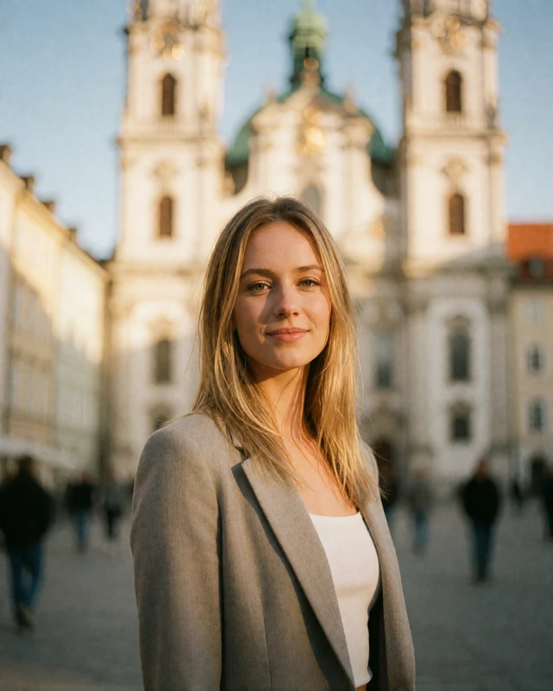 German woman in a grey blazer smiling in a Munich square with baroque church towers softly blurred behind her