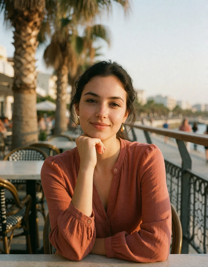 Cypriot woman in a terracotta blouse smiling at an outdoor café table in Limassol at dusk
