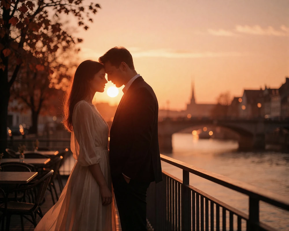 Couple standing forehead to forehead on a riverside terrace in Germany at sunset with a warm amber sky behind them
