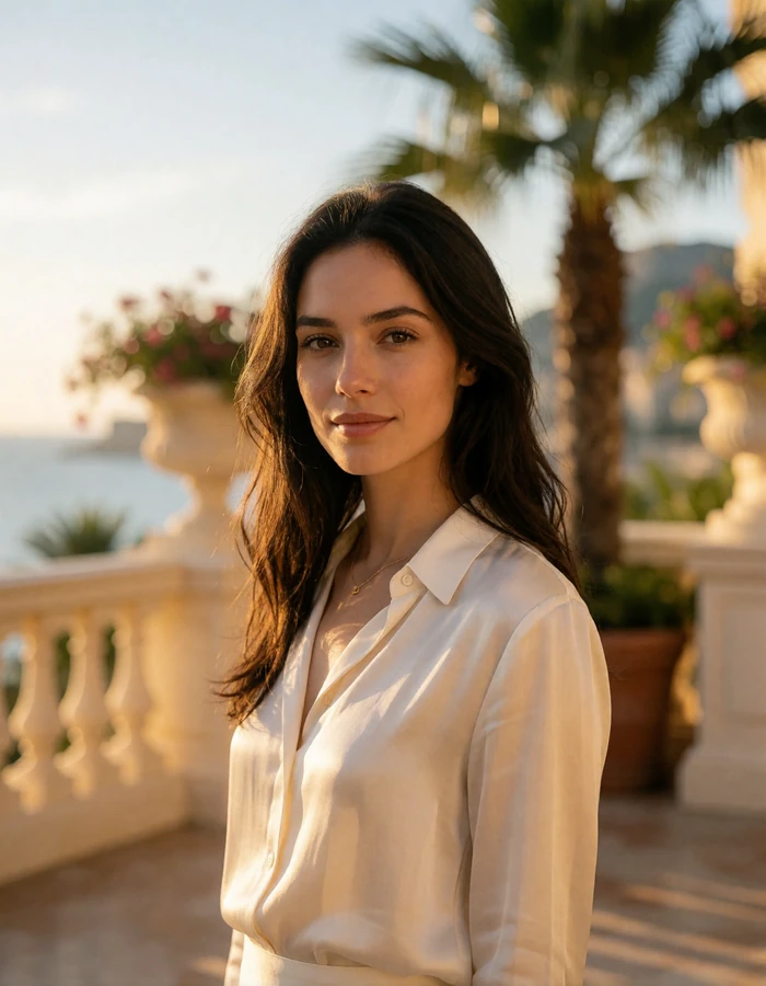 Dark-haired Monaco woman in an ivory silk blouse on a Monte-Carlo terrace with palm trees behind her