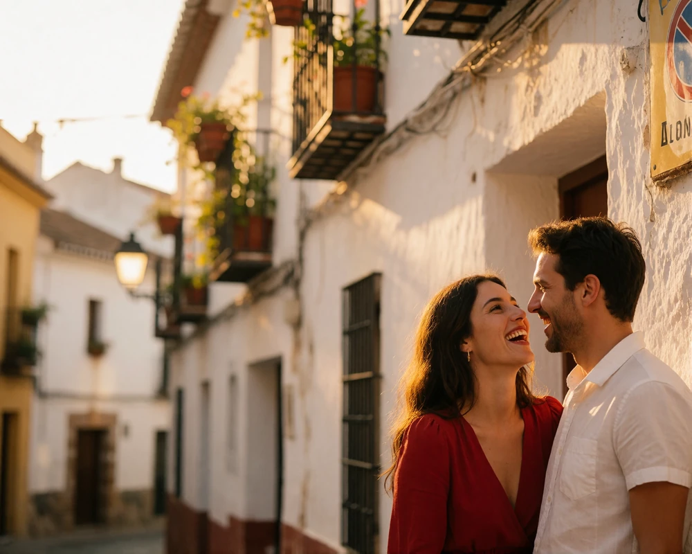 Couple laughing together on a narrow old-town street in Spain
