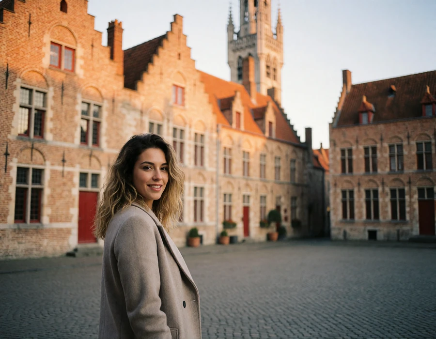 Belgian woman in a soft grey coat smiling on a cobbled square in Bruges