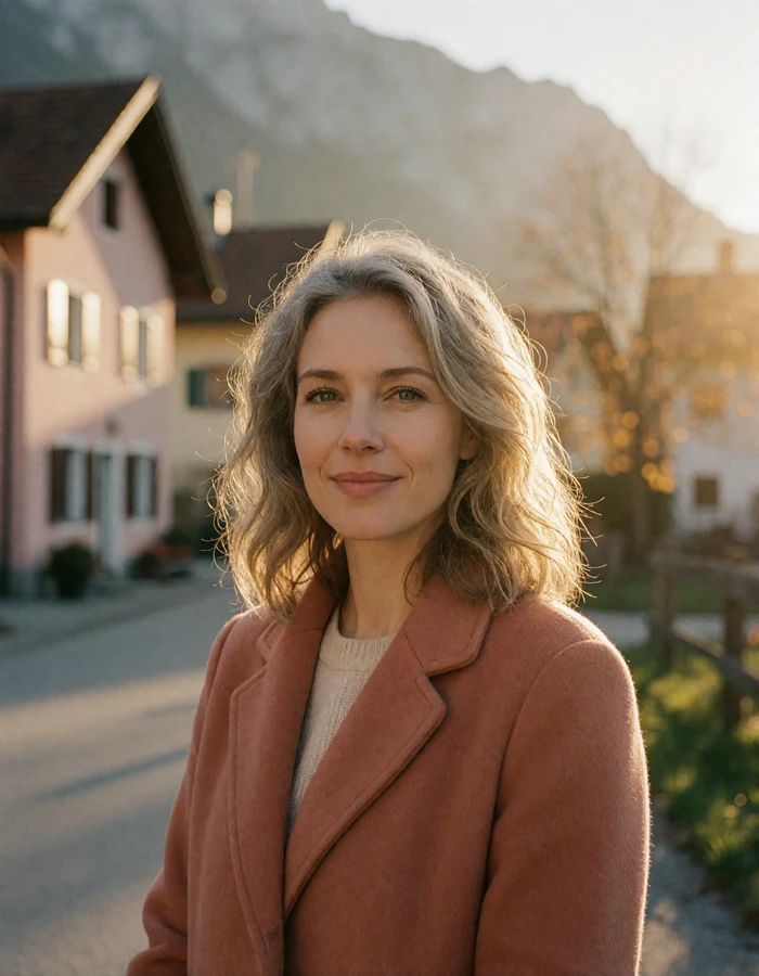 Woman with wavy ash-blonde hair in a terracotta wool coat on a village street