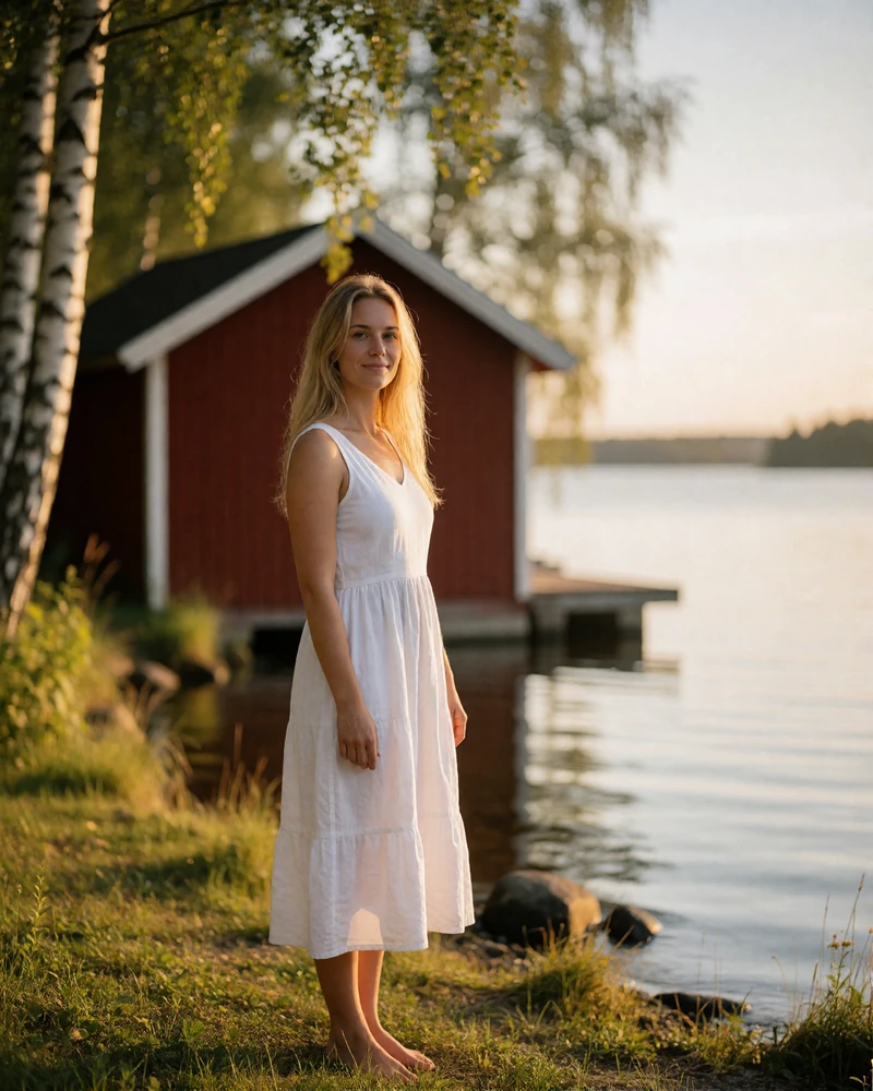 Swedish woman in a white sundress smiling beside a red boathouse on a grassy lakeshore