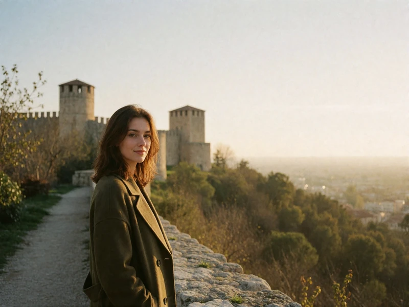 Woman in an olive coat standing on a stone ridge path below fortified towers