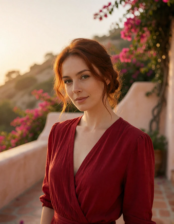 Auburn-haired woman in a crimson wrap dress on a hillside terrace with bougainvillea behind her