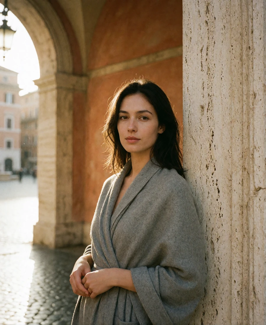 Woman in a soft grey wrap standing beside a weathered travertine wall in central Rome