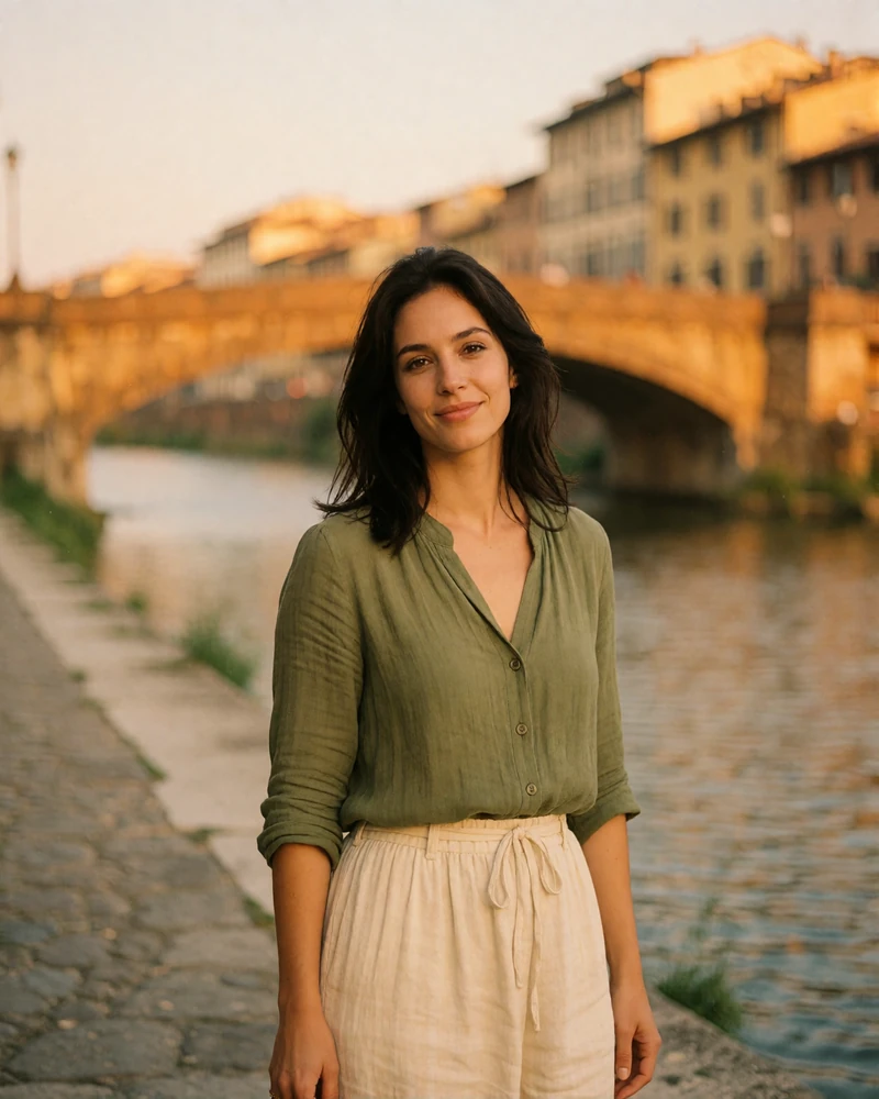 Italian woman in a green blouse smiling on a stone riverside walkway in an Italian city