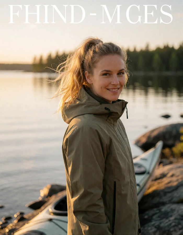 Finnish woman in an olive jacket smiling beside a kayak on a rocky lakeshore