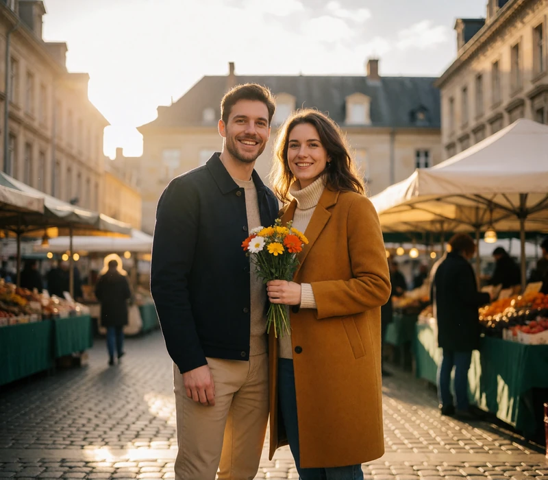 Couple at an open-air market square in Luxembourg, the woman holding a small bunch of flowers
