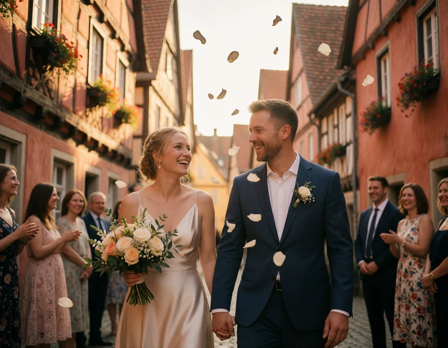 Bride and groom laughing while walking through a half-timbered German old-town lane with petals in the air