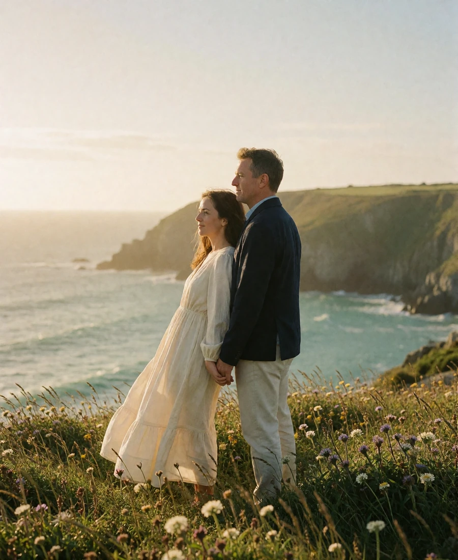Couple standing together on a windswept clifftop above a turquoise Cornish cove at golden hour
