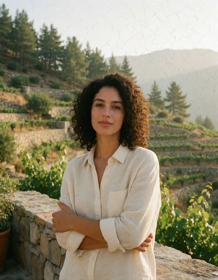 Cypriot woman in a cream linen shirt on a stone terrace in a Troodos mountain village surrounded by vineyards