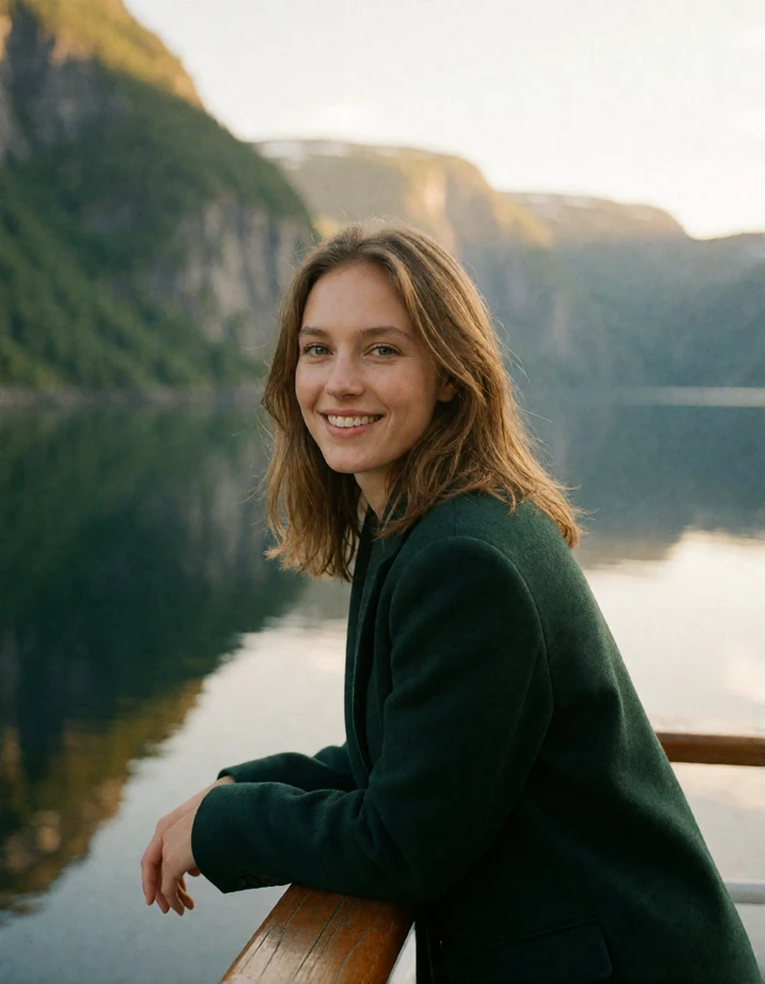 Norwegian woman in a green wool coat leaning on a railing above a calm fjord