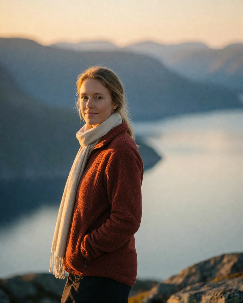 Norwegian woman in a rust fleece standing at a mountain overlook above a fjord in warm evening light
