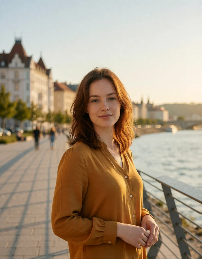 Austrian woman with shoulder-length auburn hair on a Danube riverside promenade in Linz