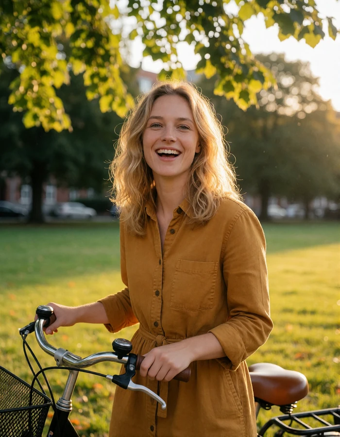 Danish woman with wavy blonde hair laughing beside her bicycle in a green city park