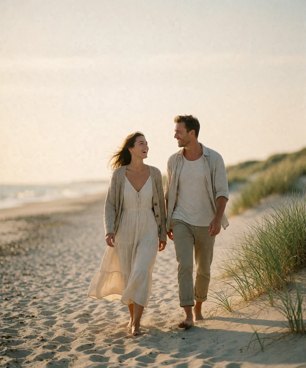 Danish couple walking barefoot along a North Sea beach beside low dunes at golden hour