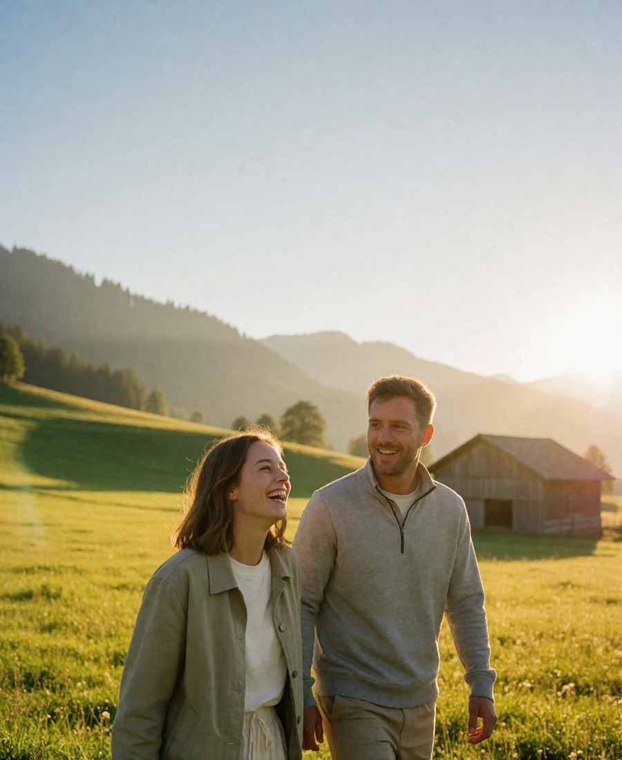 Couple walking through a green alpine meadow in Austria with mountain ridges in soft haze behind them