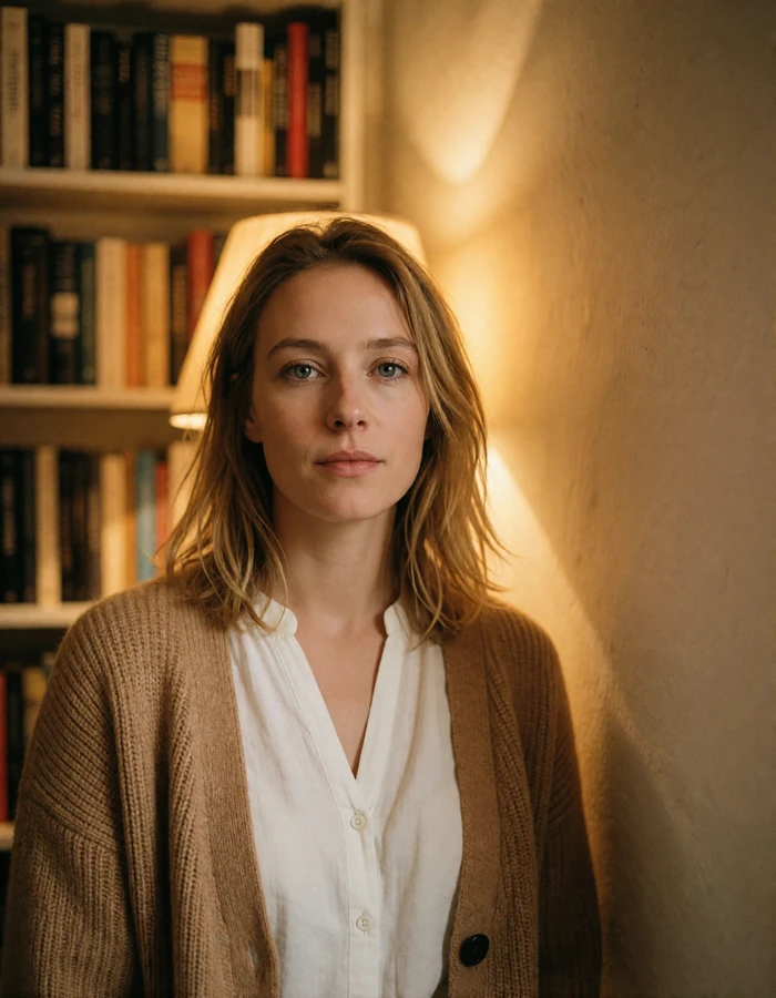 Danish woman in a camel cardigan standing thoughtfully in the corner of a small bookshop