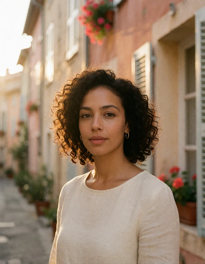 Curly-haired woman in a cream linen top in a narrow Riviera old-town lane with shuttered pastel façades