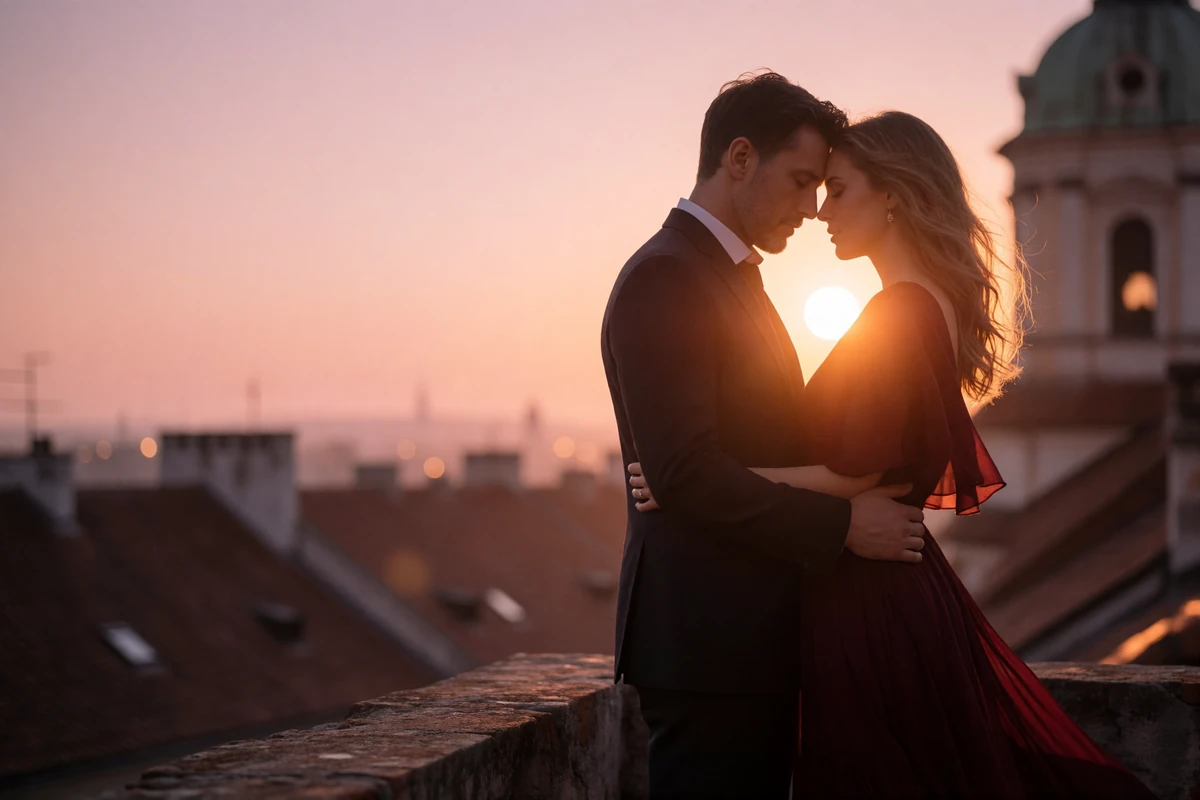 Couple embracing on an old-town terrace at dusk with warm amber light rimming their silhouettes