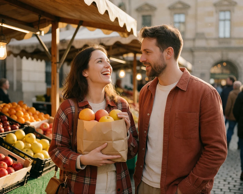 Couple laughing together at an outdoor city market stall in Germany while holding a bag of fruit