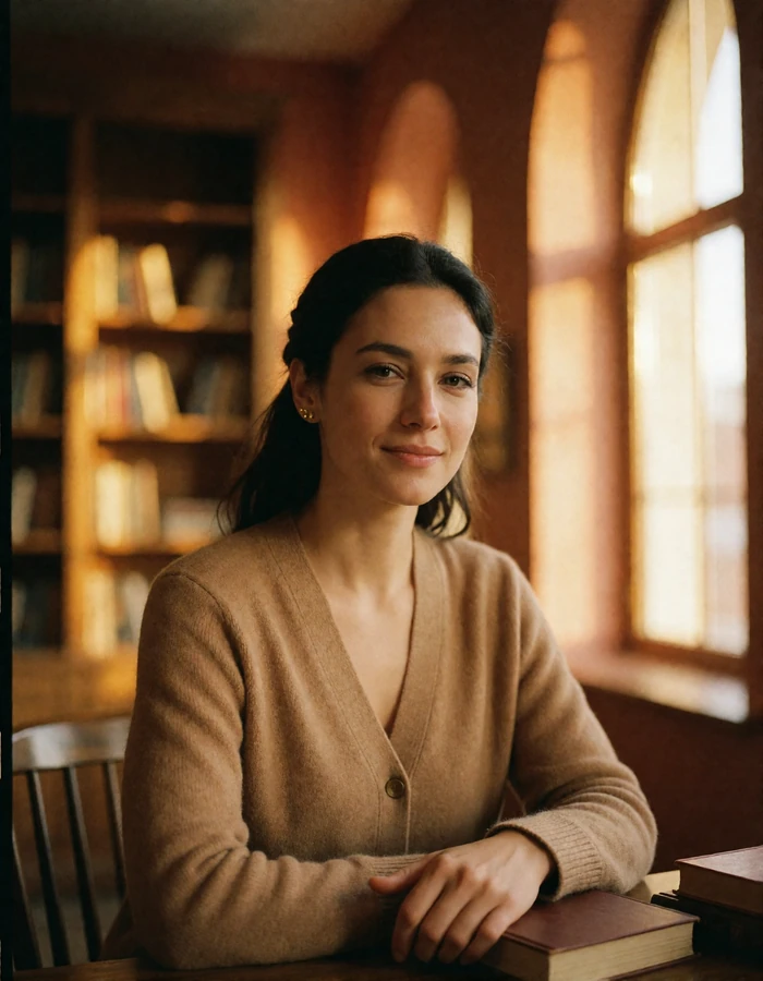 Woman in a camel cardigan sitting near a tall arched window in a warmly lit reading room