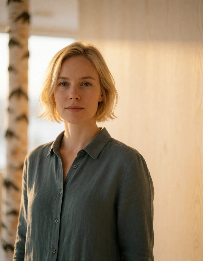 Finnish woman with a short blonde bob giving a calm confident look in a bright minimal design studio