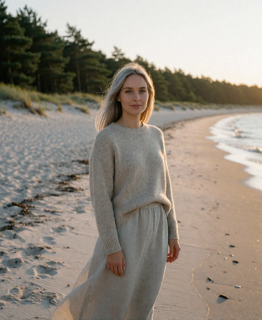 Latvian woman in an oatmeal knit sweater walking along a pale sand Baltic beach lined with pine trees