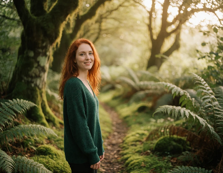 Irish woman in a green knit sweater smiling on a mossy woodland path in Ireland
