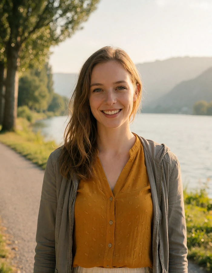 Woman with light brown hair in a mustard-gold blouse beside the Rhine riverside path