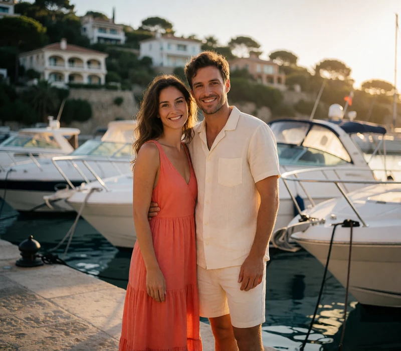 Couple standing close together on a marina quay with moored white yachts in soft focus behind them
