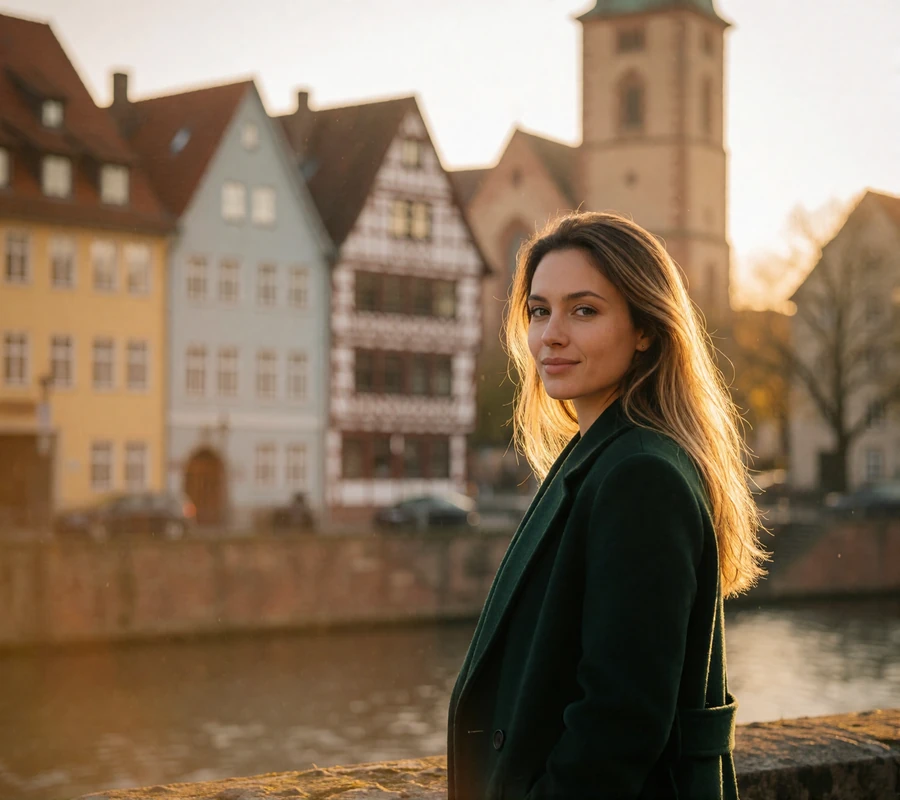 German woman in a deep green coat smiling along a riverside street with half-timbered gables