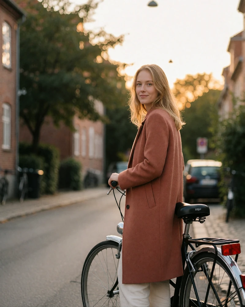 Danish woman in a terracotta coat standing beside a bicycle on a Copenhagen street