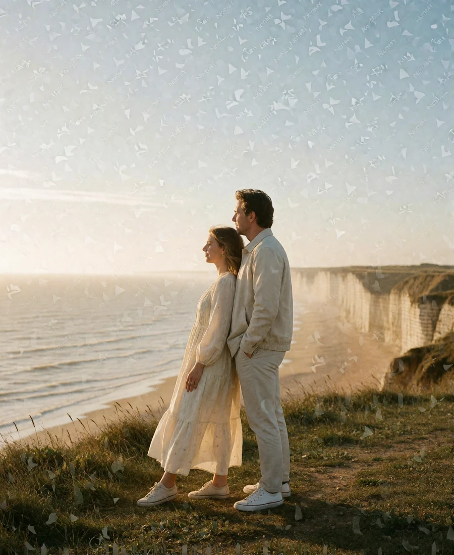 Couple standing together on a grassy clifftop above a Normandy beach at golden hour
