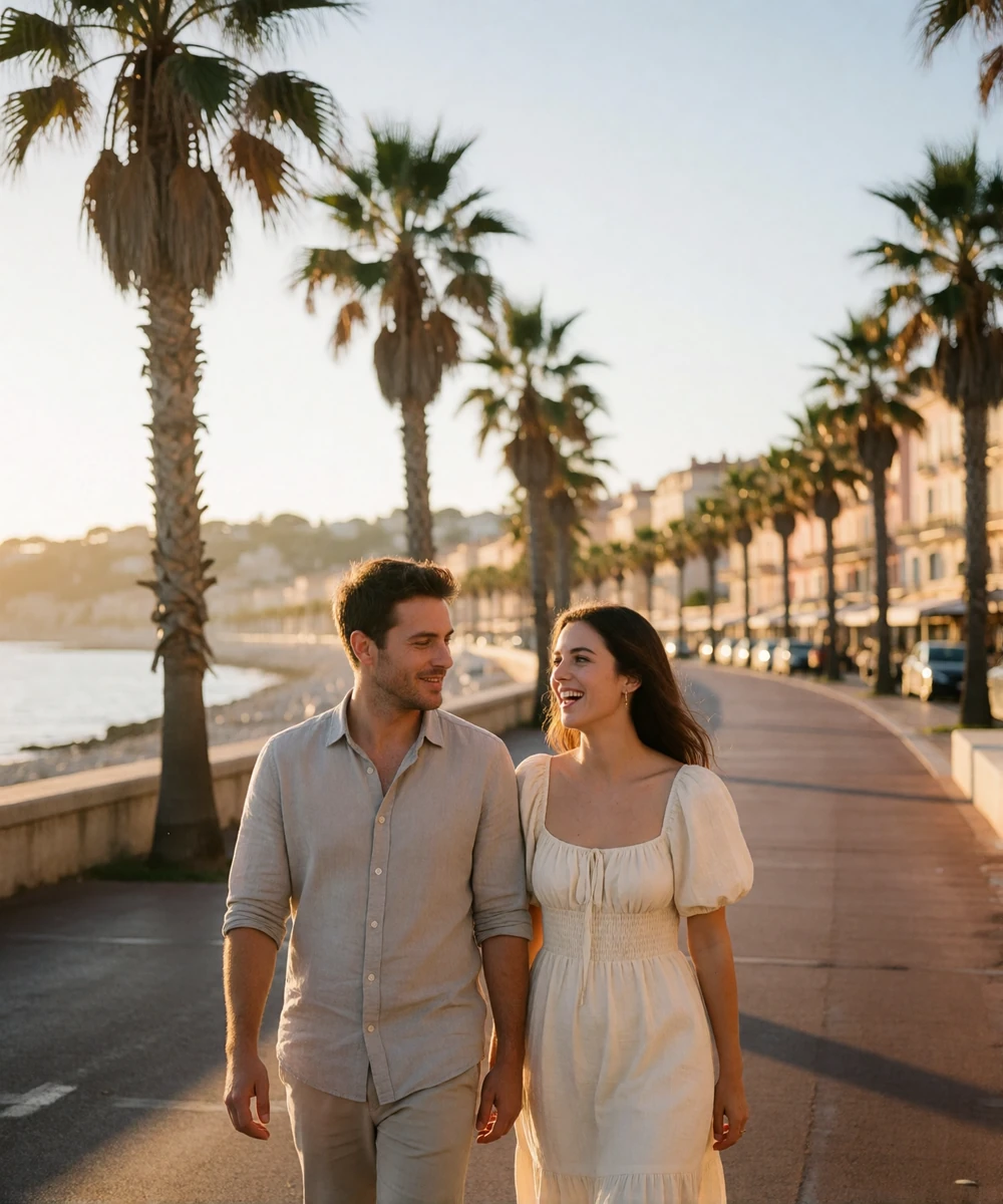 Couple walking together along a palm-lined coastal promenade on the Côte d'Azur at sunset