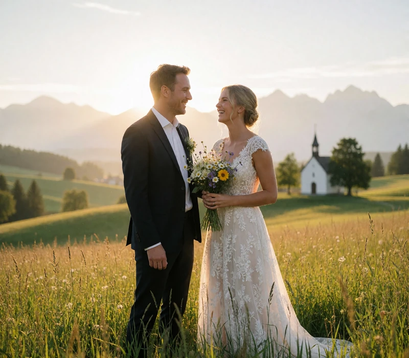 Bride and groom laughing together in an Austrian countryside meadow with a small white chapel behind them