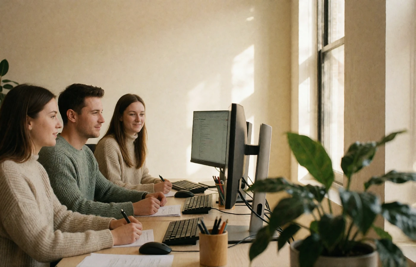 Three support team colleagues collaborating at a bright, naturally lit open office desk