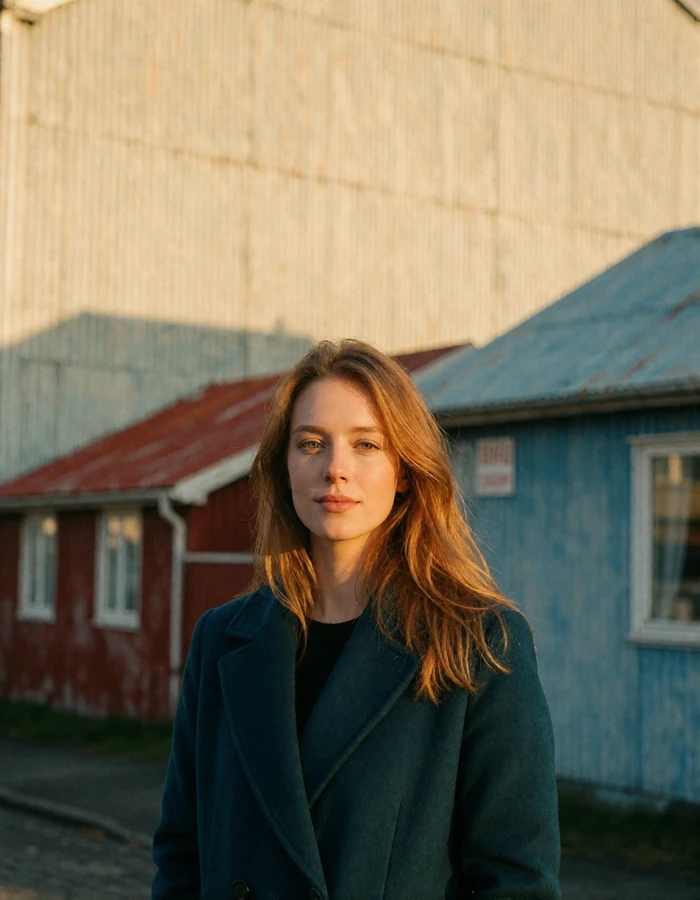 Icelandic woman in a teal wool coat on a colourful Reykjavik residential street