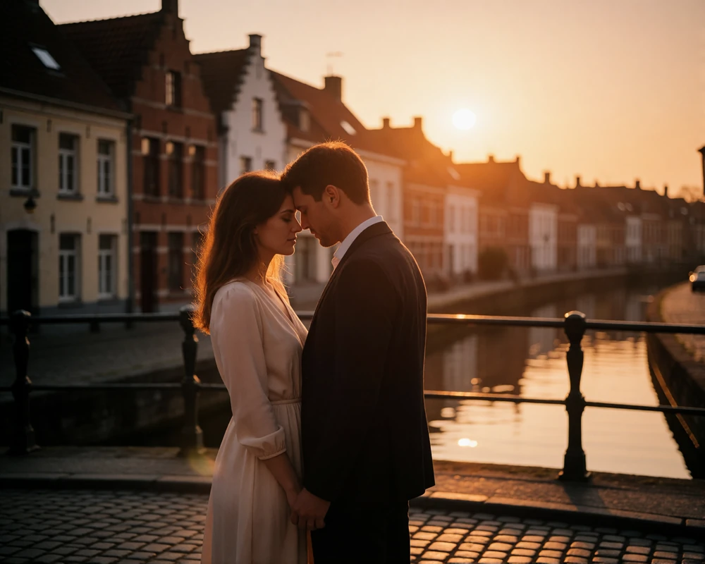 Couple standing forehead to forehead at sunset on a cobbled canal bridge in a Belgian town