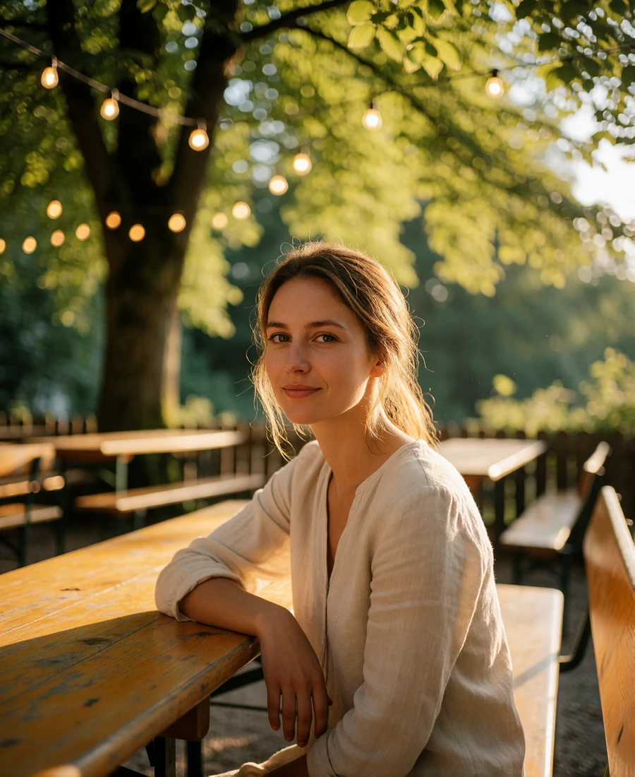 German woman in a linen blouse smiling at a long wooden table in a leafy Bavarian beer garden